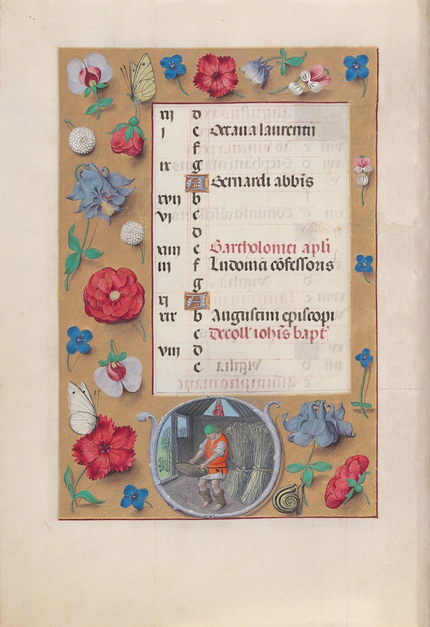 Izabella katolikus királyné, spanyol királynő órái: Fol. 9v, augusztus, c. 1500. alkotó: Master of the First Prayerbook of Maximillian