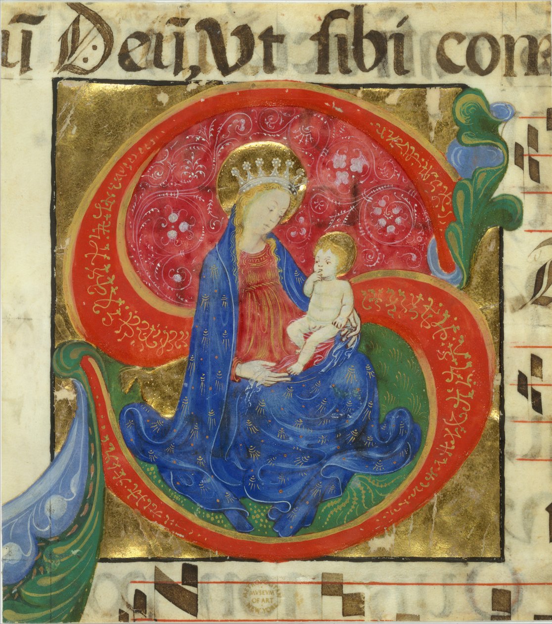 Kéziratos megvilágítás a Szűzanyával és a Gyermekkel S-betűvel, egy antifóniából, 15. század közepe alkotó: Master of the Franciscan Breviary