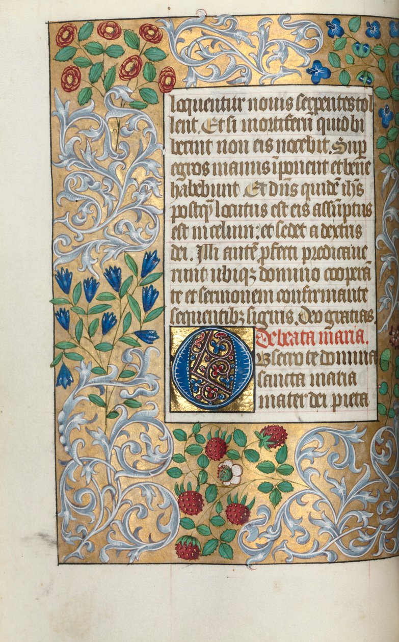 Órakönyv (roueni használat): fol. 18v, Imádságok Szűz Máriához, nagy O kezdőbetű, díszes szegéllyel. alkotó: Master of the Geneva Latini