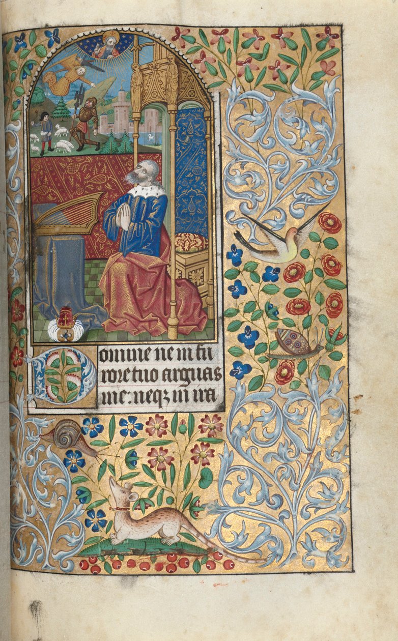 Órakönyv (roueni használat): fol. 80r, nyitó bűnbánati zsoltárok, bűnbánó Dávid, a távolban Dávid megöli Góliátot. alkotó: Master of the Geneva Latini