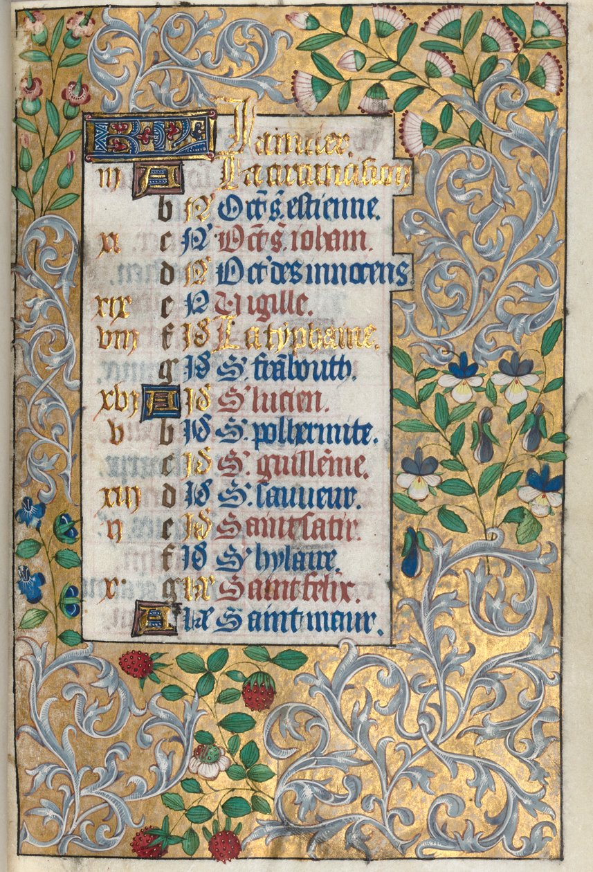 Órakönyv Rouen használata: fol. 1r, Kidolgozott foltos szegély, c. 1470. alkotó: Master of the Geneva Latini