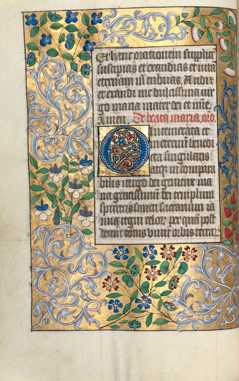 Órakönyv Rouen használata: fol. 22v, nagy kezdeti O kidolgozott szegéllyel, c. 1470. alkotó: Master of the Geneva Latini