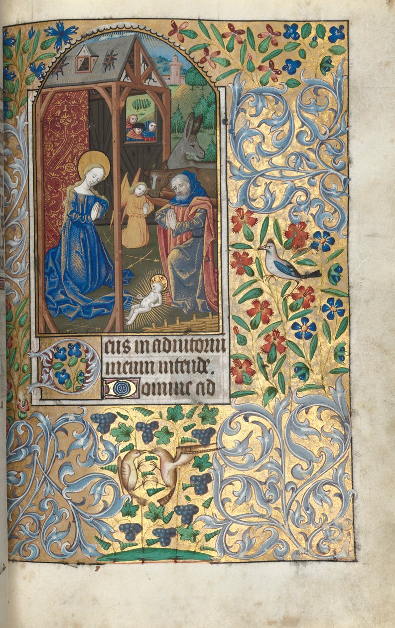 Órakönyv Rouen használata: fol. 56 r, Imádás pásztorszületéssel, c. 1470. alkotó: Master of the Geneva Latini