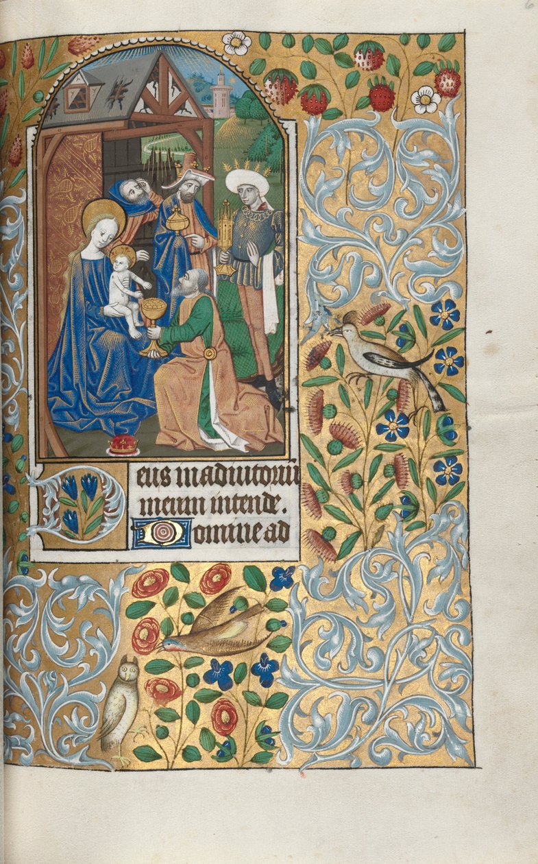 Órakönyv Rouen használata: fol. 64r, A mágusok imádása, c. 1470. alkotó: Master of the Geneva Latini