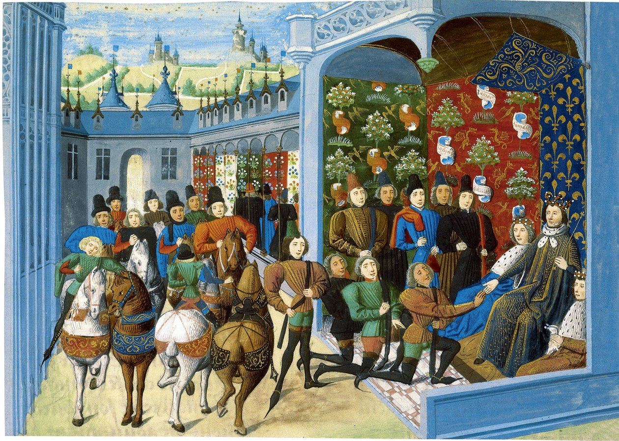 VI. Károly francia király fogadja az angol követeket. A Jean Froissarts Chroniques-ból, korábban alkotó: Master of the Harley Froissart