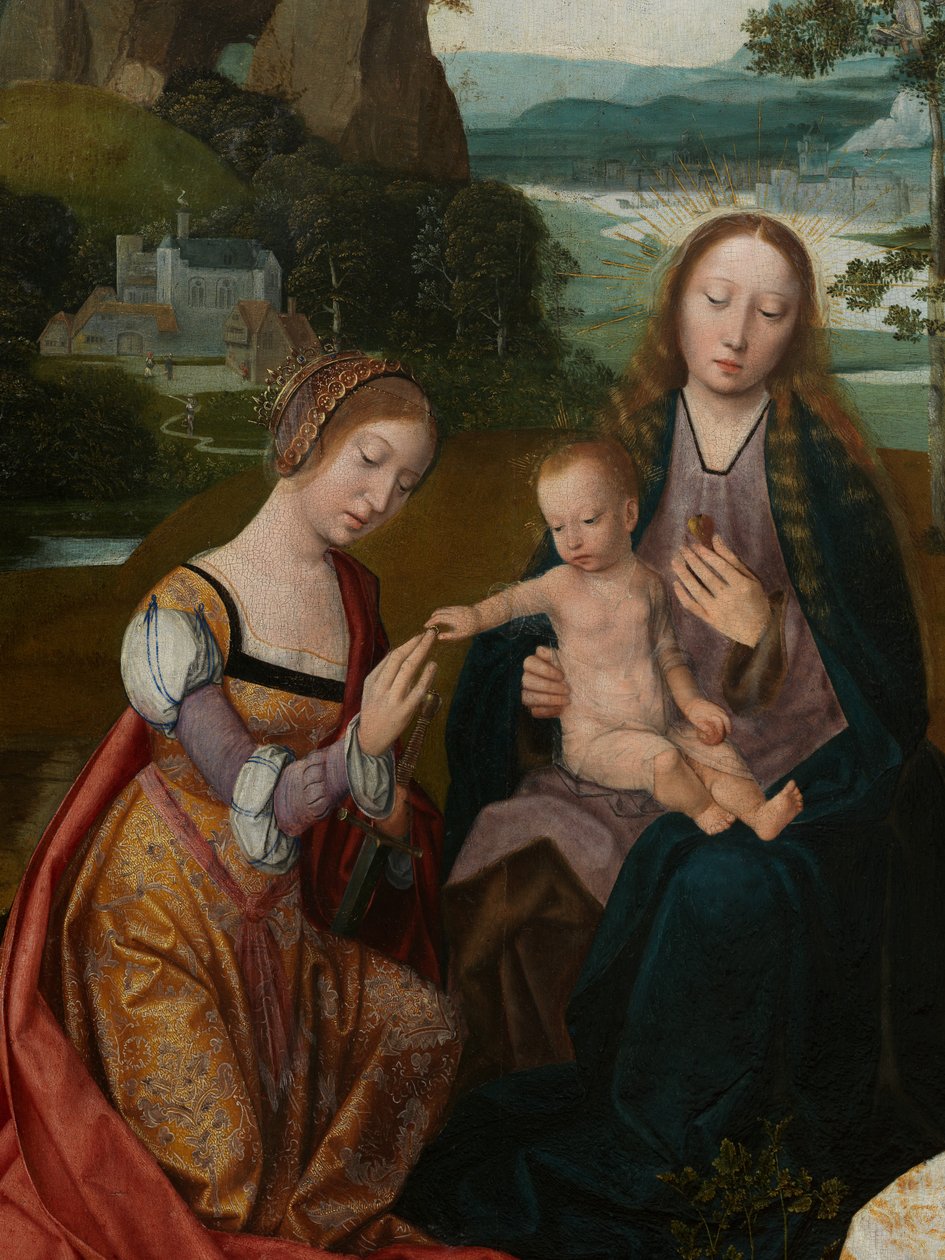 Részlet a Szűzanya és Gyermeke Szent Katalin és Szent Borbála központi táblájáról, 1520-25 körül (olaj, tábla) alkotó: Master of the Holy Blood