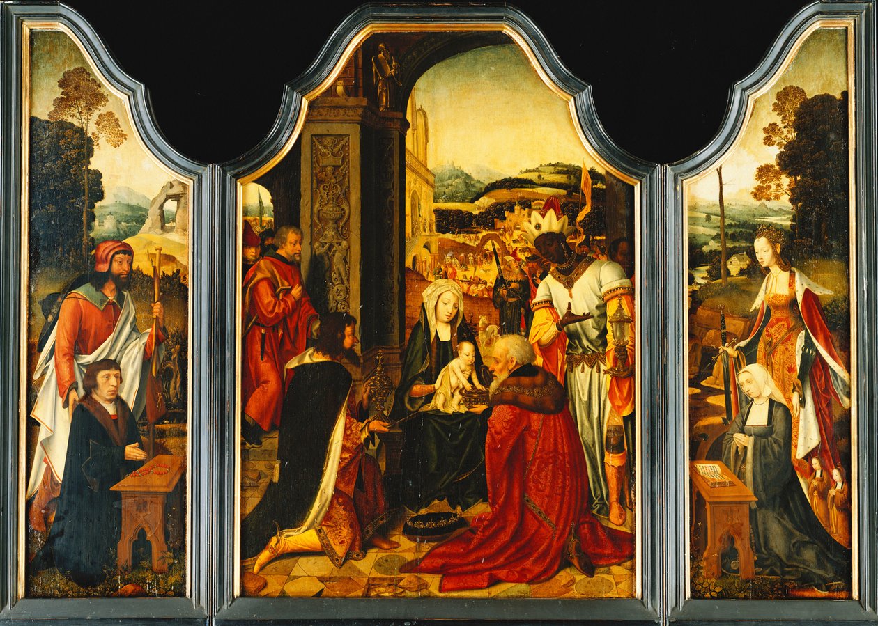 Triptichon: Mágusok imádása, Szent Jakab bemutatja az adományozót, Alexandriai Szent Katalin pedig az adományozó feleségét és két lányát alkotó: Master of the Holy Blood