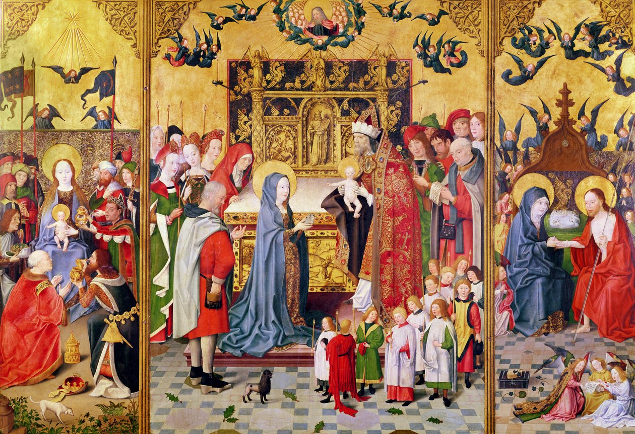 A Szűz hét örömének oltárképe, amely a mágusok imádását, a templomi bemutatást és a Máriának megjelenő Krisztust ábrázolja, 1480 körül alkotó: Master of the Holy Family