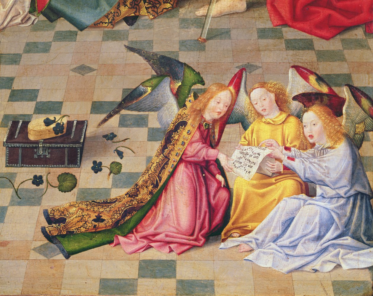 Angyalzenészek a Szűz hét öröme című oltárkép jobb oldaláról, 1480 körül (olaj, fa) (215399. részlet) alkotó: Master of the Holy Family
