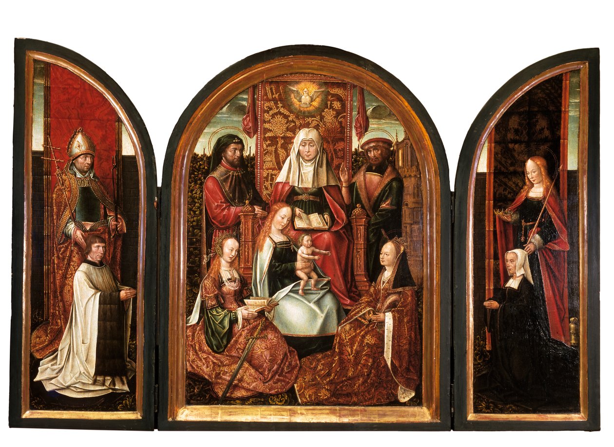 Kánon Szent Livinusszal (bal szárny), Szent Anna családja (középpanel), Donor Szent Erzsébettel (jobb szárny), Angyali üdvözlet (zárva) 1500-10 körül (olaj, panel) alkotó: Master of the Holy Family of St. Anne