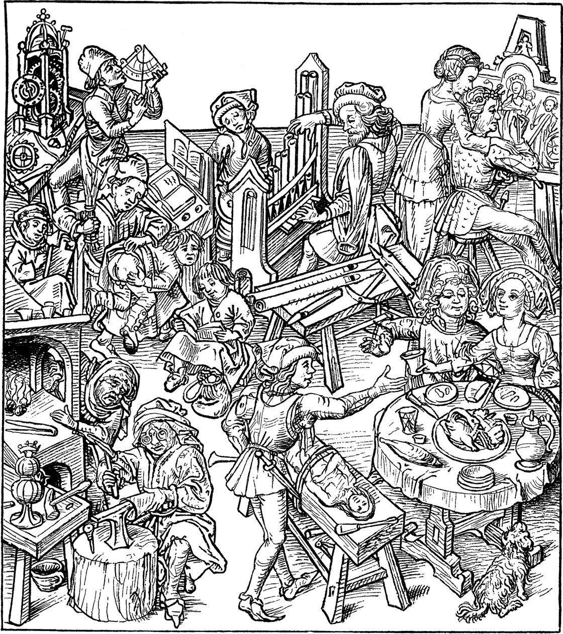 Merkúr és gyermekei. Illusztráció a Házkönyvből, 1480-as évek alkotó: Master of the Housebook