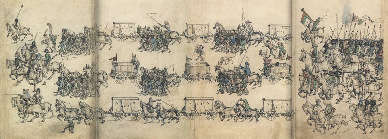Katonai vonat A Wolfegg-kastély középkori házkönyvéből, 1485 körül alkotó: Master of the Housebook of Wolfegg
