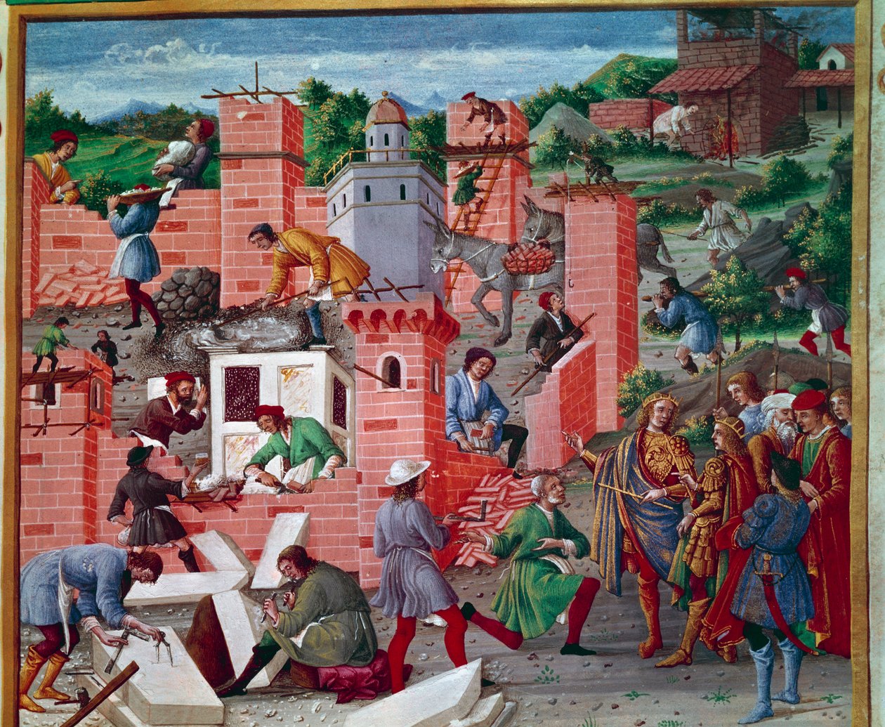 Róma városának építése. Romulus és Remus ikrek felkeresik a helyszínt (munkaellenőrzés és előzetes munka). A munkások aktívak a feladatban: Maconok, Kőszabók, hordozók, márvány és cement (cement előkészítés) dolgoznak. Miniatűr a „” Romuleonban. alkotó: Master of the Innocent III missal
