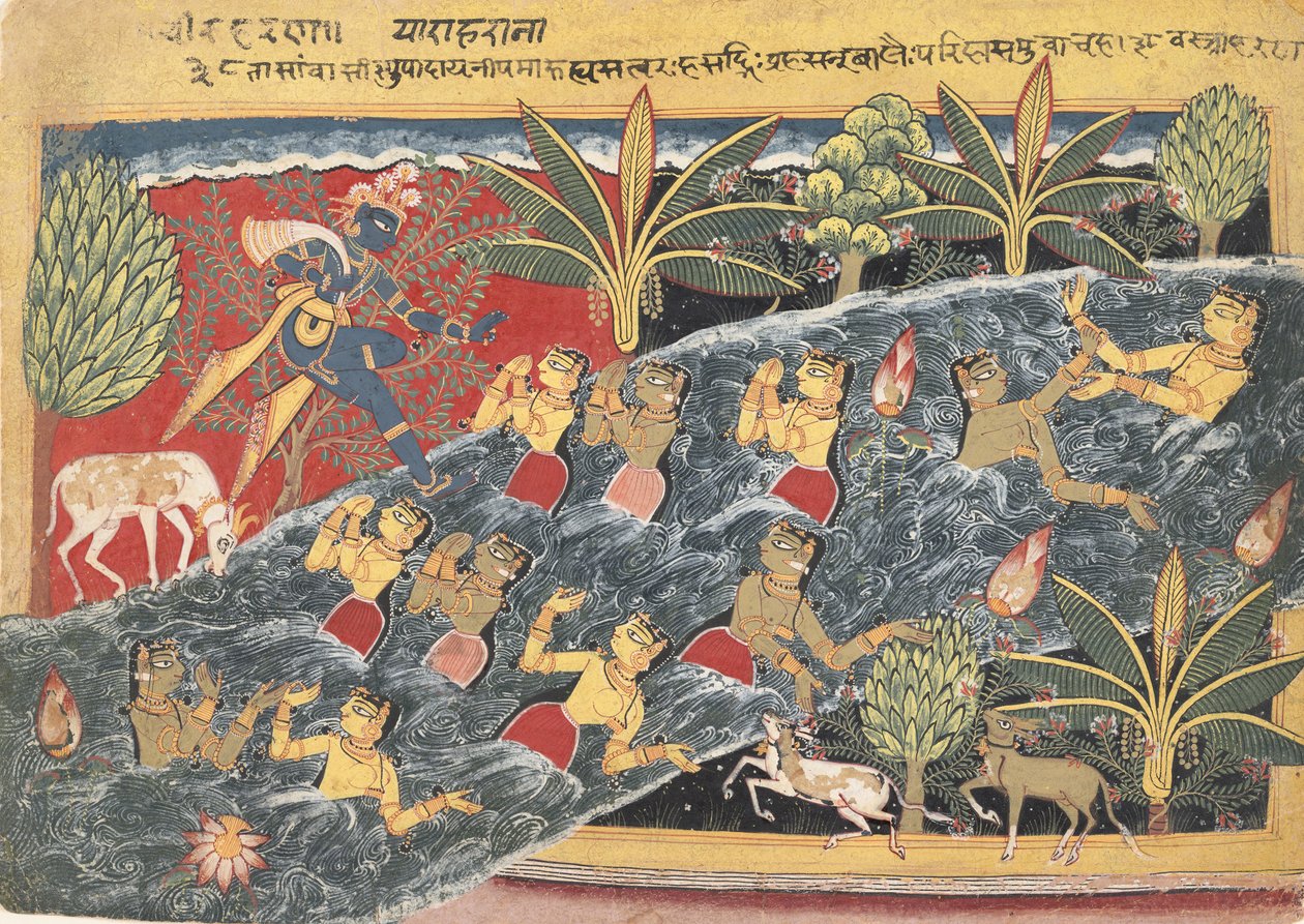 A gópik könyörögnek Krsnához, hogy adják vissza ruhájukat..., kb. 1560-65. alkotó: Master of the Isarda