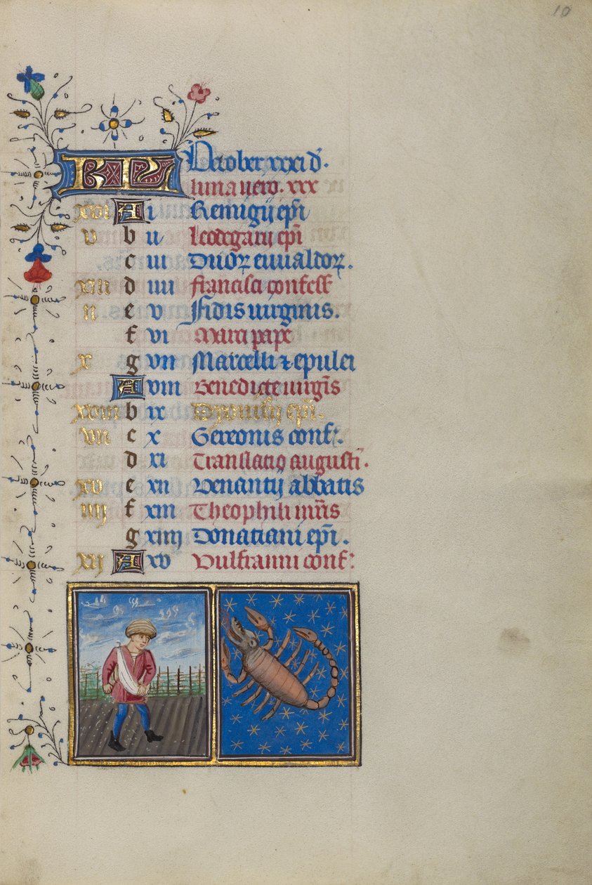 Naptár oldal októberre; Vetés; Skorpió alkotó: Master of the Lee Hours
