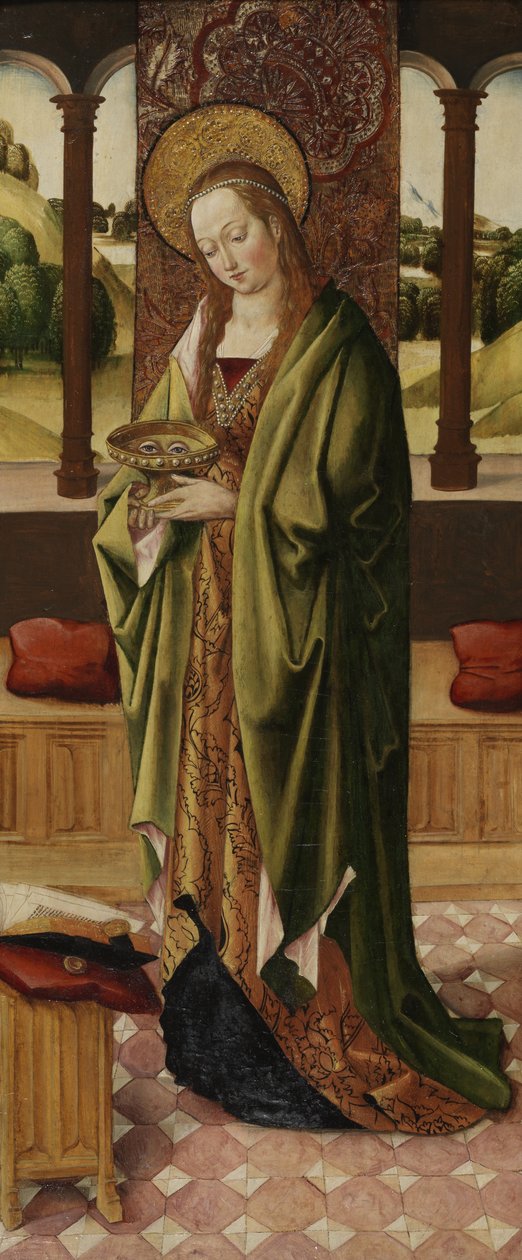 Szűz és gyermek triptichonja két angyallal, Szent Lúcia részlete a jobb oldalról, 1500 körül (lásd még: 225326, 225327) alkotó: Master of the Lee Triptych Master of the Lee Triptych