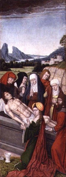 The Tombment (grisaille olajok a panelen) alkotó: Master of the Legend of St. Ursula (circle)