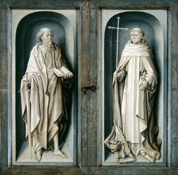 Szent Pál és Szent Benedek, az Angyali üdvözlet triptichonjának zárt paneljei, 1483 körül (olaj, tábla) alkotó: Master of the Legend of St. Ursula