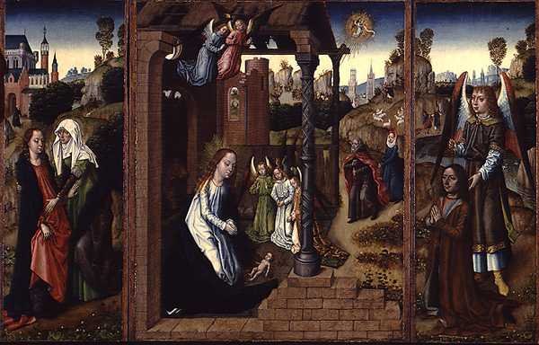 Születés a látogatással és az adományozó arkangyal bemutatása alkotó: Master of the Legend of St. Ursula