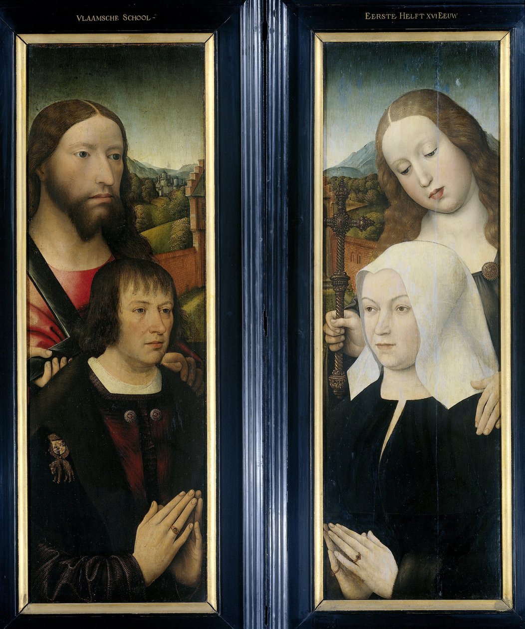 Triptichon két szárnya az adományozóval, Thomas Isaacq-val, Szent Tamás kíséretében (bal, külső szárny), és az adományozó felesége Szent Margit kíséretében (jobbra, külső szárny) alkotó: Master of the Magdalen Legend