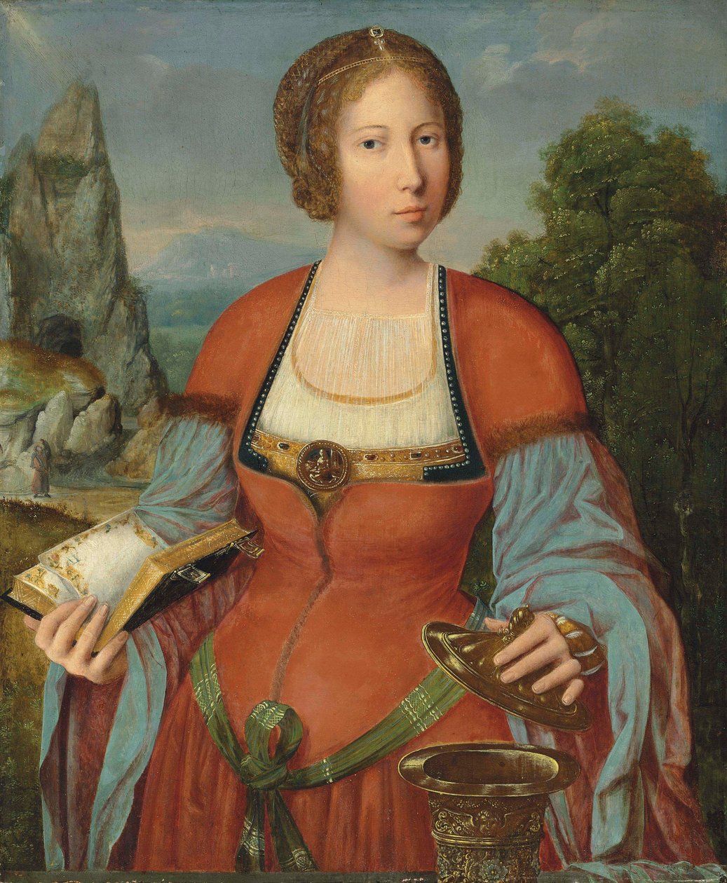 A Magdolna kezében egy Órakönyv egy tájképben alkotó: Master of the Mansi Magdalen