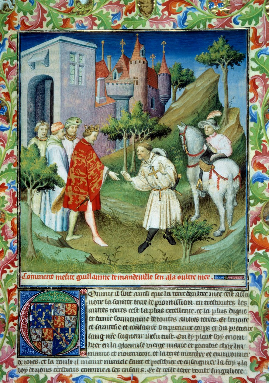Mandeville-i János (1300-1372) elvette II. Edward királyt és elhagyta Angliát. Miniatűr a „” A világ csodáinak könyvében”” Ms 2810. Folio 141. Mandeville-i John (Jehan) által (1300? -1372) írt kézirat a Mazarine mestere által fényezett. alkotó: Master of the Mazarine