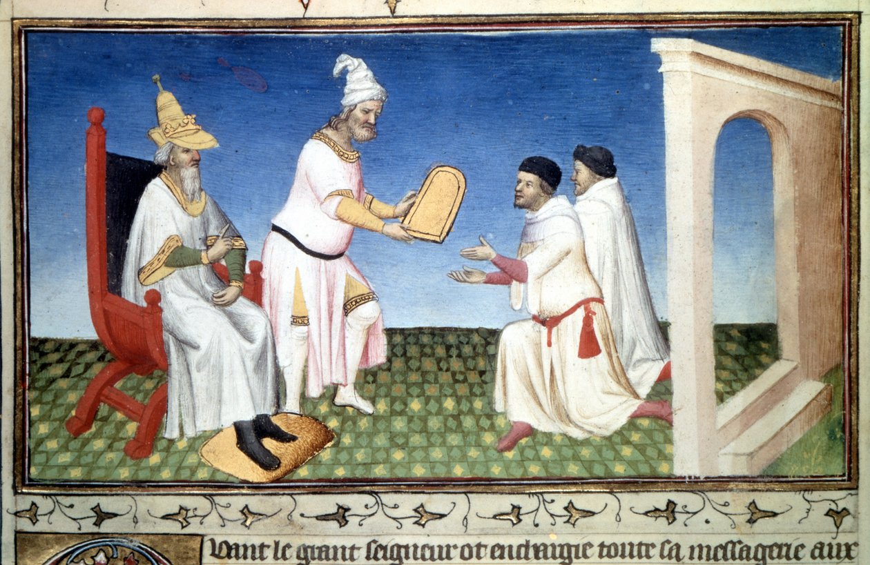 Marco és Mattia Polo adományokat kapott Kubilay Khantól, - Marco Polo (1254-1324) miniatűrje a „Csodák könyvéből”” („” Devisement of the World”, „Il Milione”) (Ms. 2810) , Folio 3v) a Mazarin mestere által megvilágított, 1410-1412 körül alkotó: Master of the Mazarine