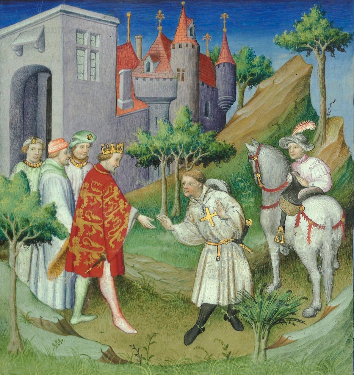 Sir John Mandeville és Anglia királya, frontkép a "Le Livre des Merveilles"-ből, Párizs, kb. 1420 (kézirat) alkotó: Master of the Mazarine