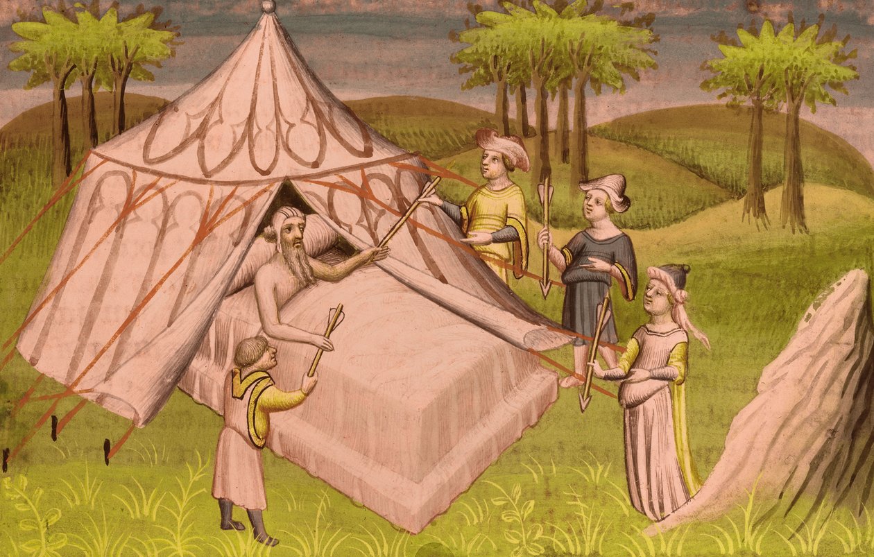 Dzsingisz kán mongol vezető halálos ágyán utolsó ajánlásait adja fiainak, 1410 körül (miniatűr) alkotó: Master of the Mazarine