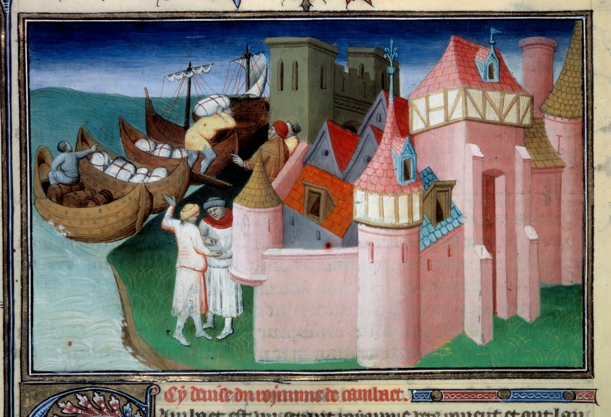 Labdák kirakodása Khambhat városában, Indiában. Miniatűr a „” Csodák könyvében”” („” Devisement du monde”, „” Il Milione”) Ms2810, Folio 86v. Kézirat, amelyet a Mazarin mestere írt, és írta Marco Polo (1254-1324), kb. 1410-1412. BN, Par alkotó: Master of the Mazarine