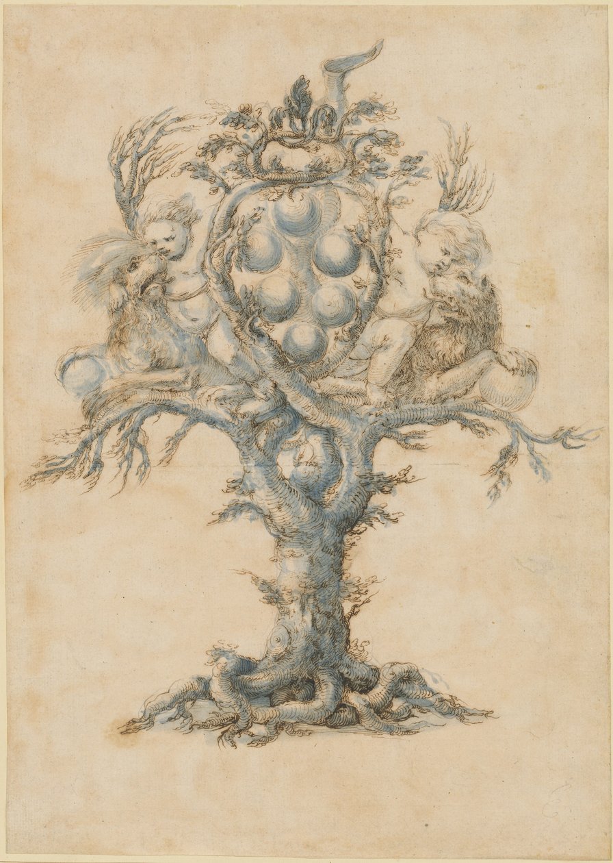 Egy boros pohár oroszlánokkal és puttival alkotó: Master of the Medici Banquet Decanters