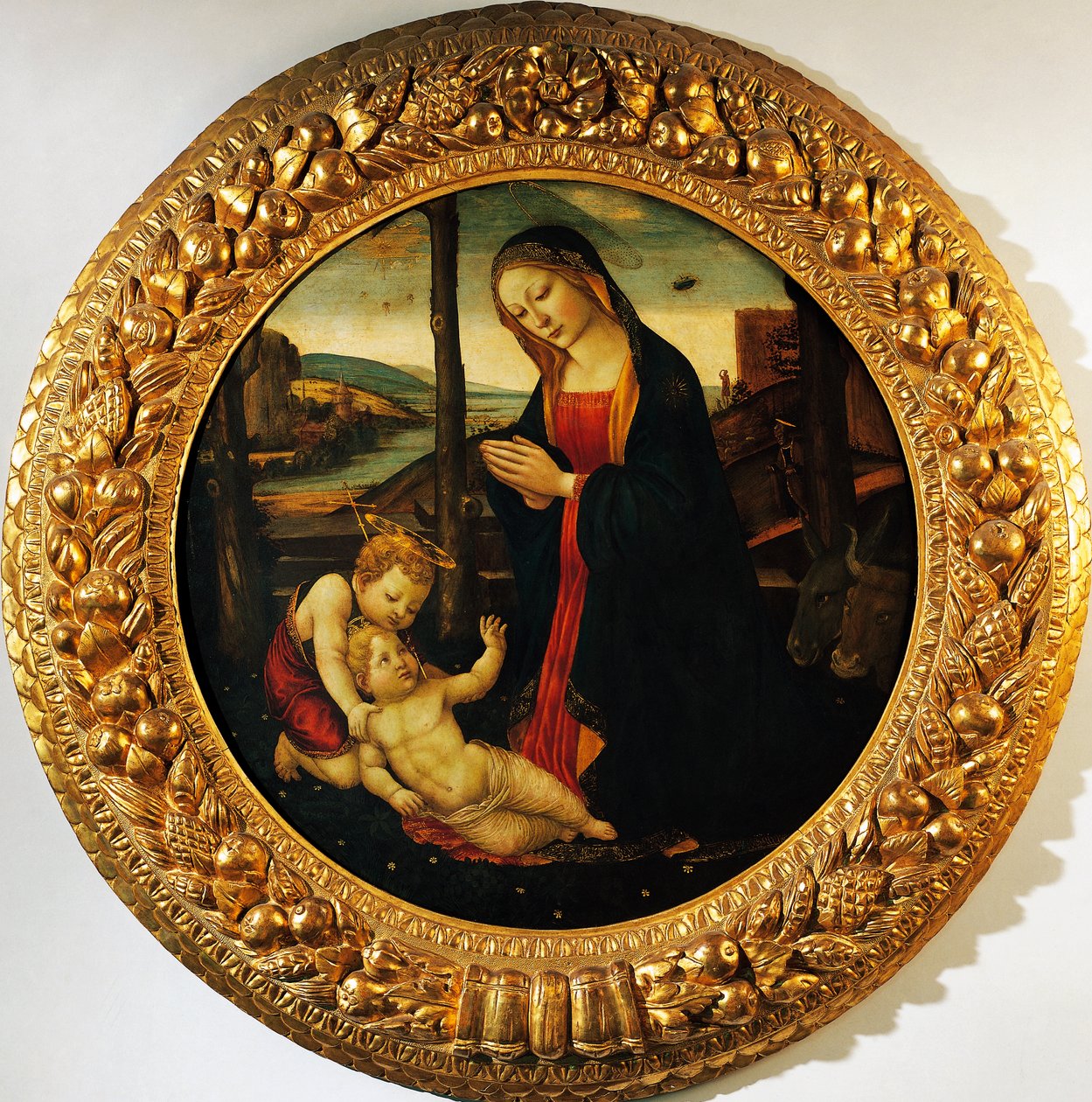 Madonna és gyermek a csecsemő Keresztelő Szent Jánossal, Tondo Miller mesterének tulajdonított festmény (XV. század vége). alkotó: Master of the Miller Tondo (attr. to)