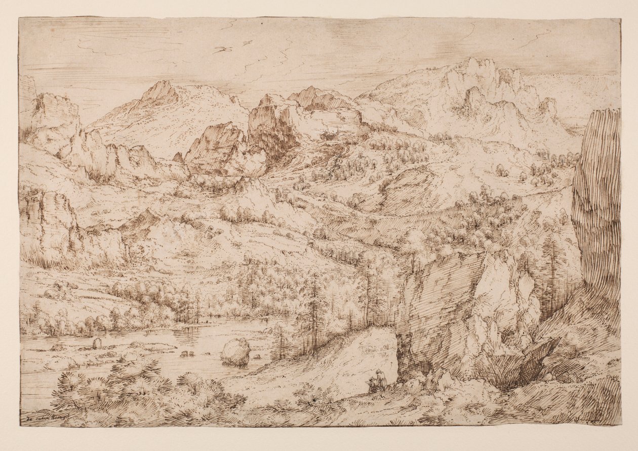 Táj egy művész vázlatával, 1606-2008 körül (toll, tinta és fekete kréta papíron) alkotó: Master of the Mountain Landscapes