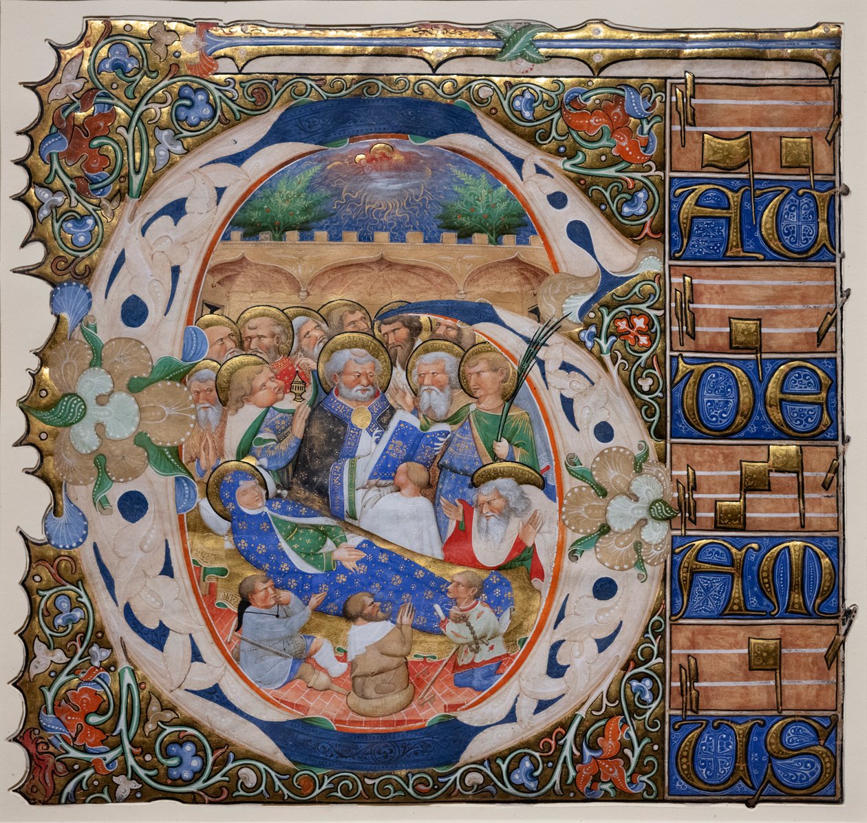 Történelmi kezdőbetűje a Szűz halálával. A Murano Graduál mestere. 1420 körül (pergamen) alkotó: Master of the Murano Gradual