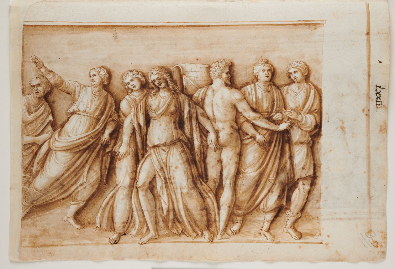 Folio 61, recto: Meleager visszatérése egy római szarkofágból, Róma, Palazzo Barberini, 1512–1517 körül (toll és barna tinta barna mosással) alkotó: Master of the Oxford Album