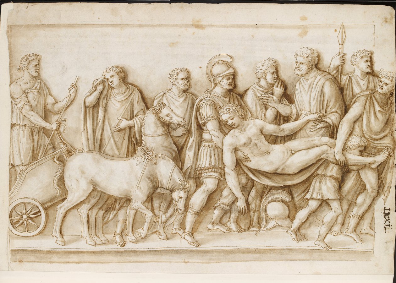 Verso: Meleager visszatérése, egy római szarkofágból, Palazzo Barberini, Róma, 1512-1717 körül (toll és barna tinta barna mosással) alkotó: Master of the Oxford Album