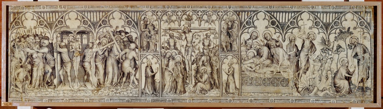 A narbonne-i oltár: Krisztus fogságba esett, kigúnyolták, töviskorona, keresztre feszítés, temetés, feltámadás ... alkotó: Master of the Parement of Narbonne