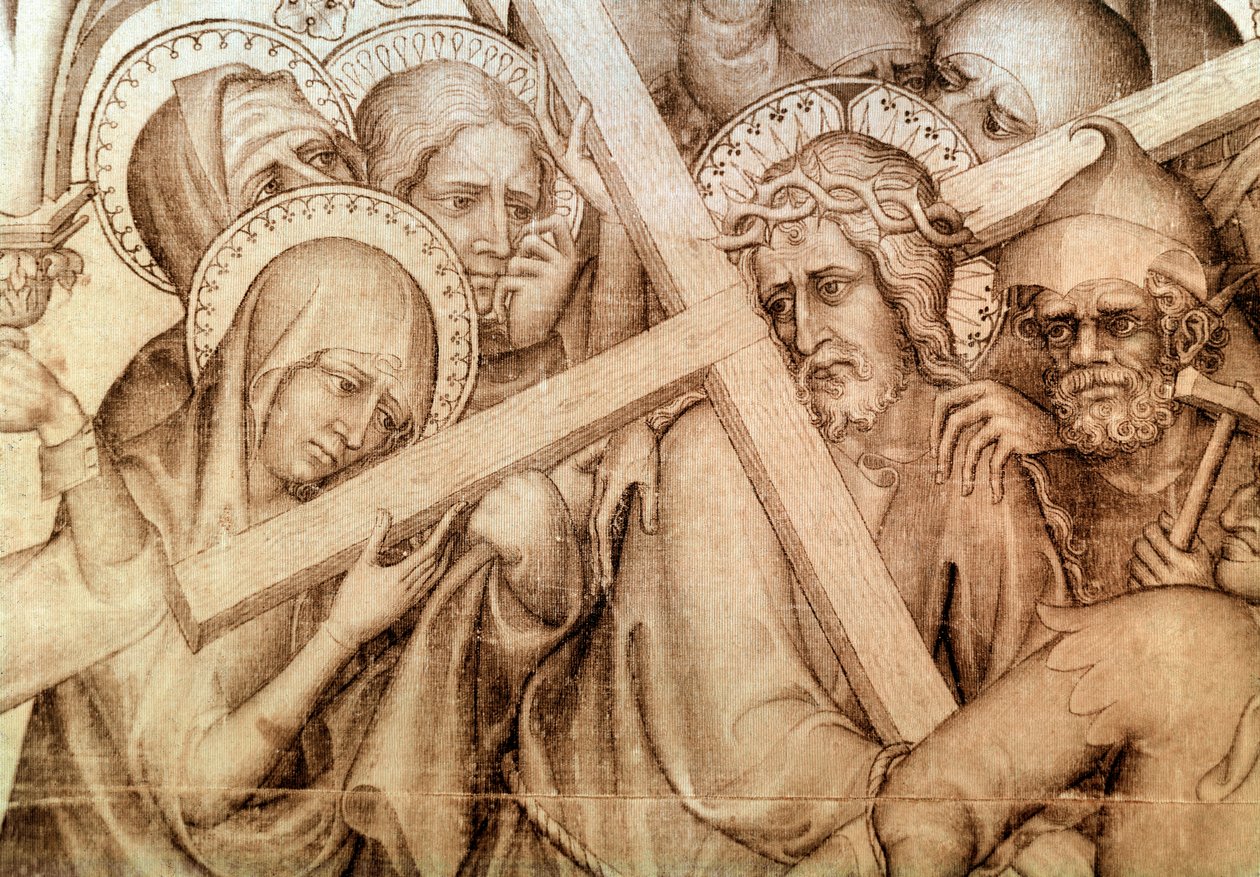 Narbonne paramentuma: a keresztjét hordozó Krisztus (grisaille selyemen alkotó: Master of the Parement of Narbonne