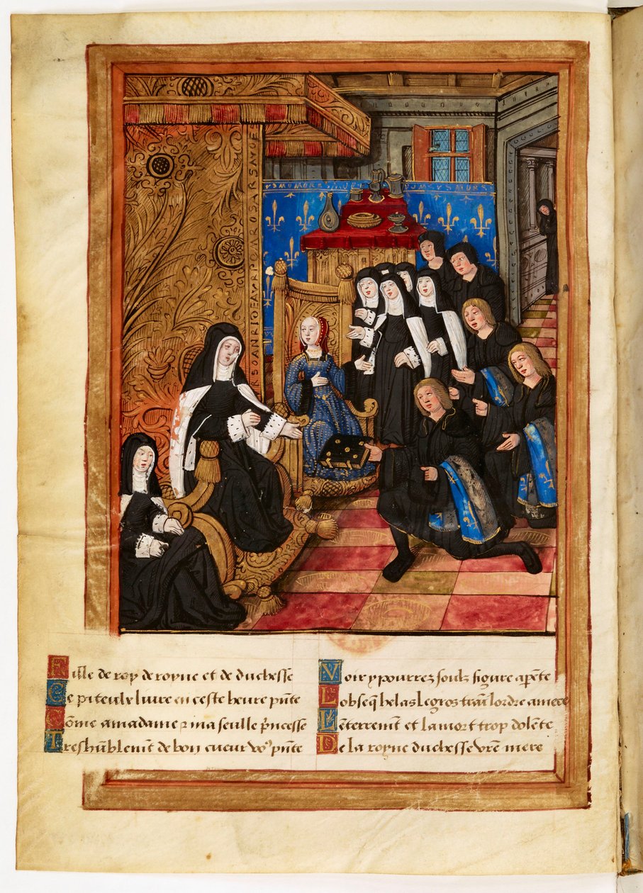 Megemlékezés és figyelmeztetés (...) Madame Anne (...) bretagne-i hercegnő (...) halálára (...): dedikációs miniatúra, melyen Pierre Choque szerzője átadja művét Bretagne-i Anna királynőnek, aki Claude-ot nevezi meg örökösének. alkotó: Master of the Paris Entries