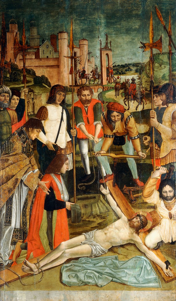 Krisztus a keresztre szegezve egy adományozóval egy pap által bemutatott hevederben alkotó: Master of the Pavia Deposition