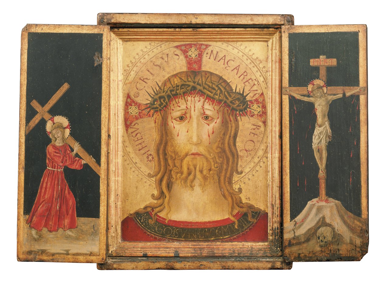 Triptichon: Krisztus, a Megváltó, mellette a keresztet és a keresztre feszítést hordozó Krisztus (arany alaplemez egy beépített keretben) alkotó: Master of the Pietà di San Costanzo