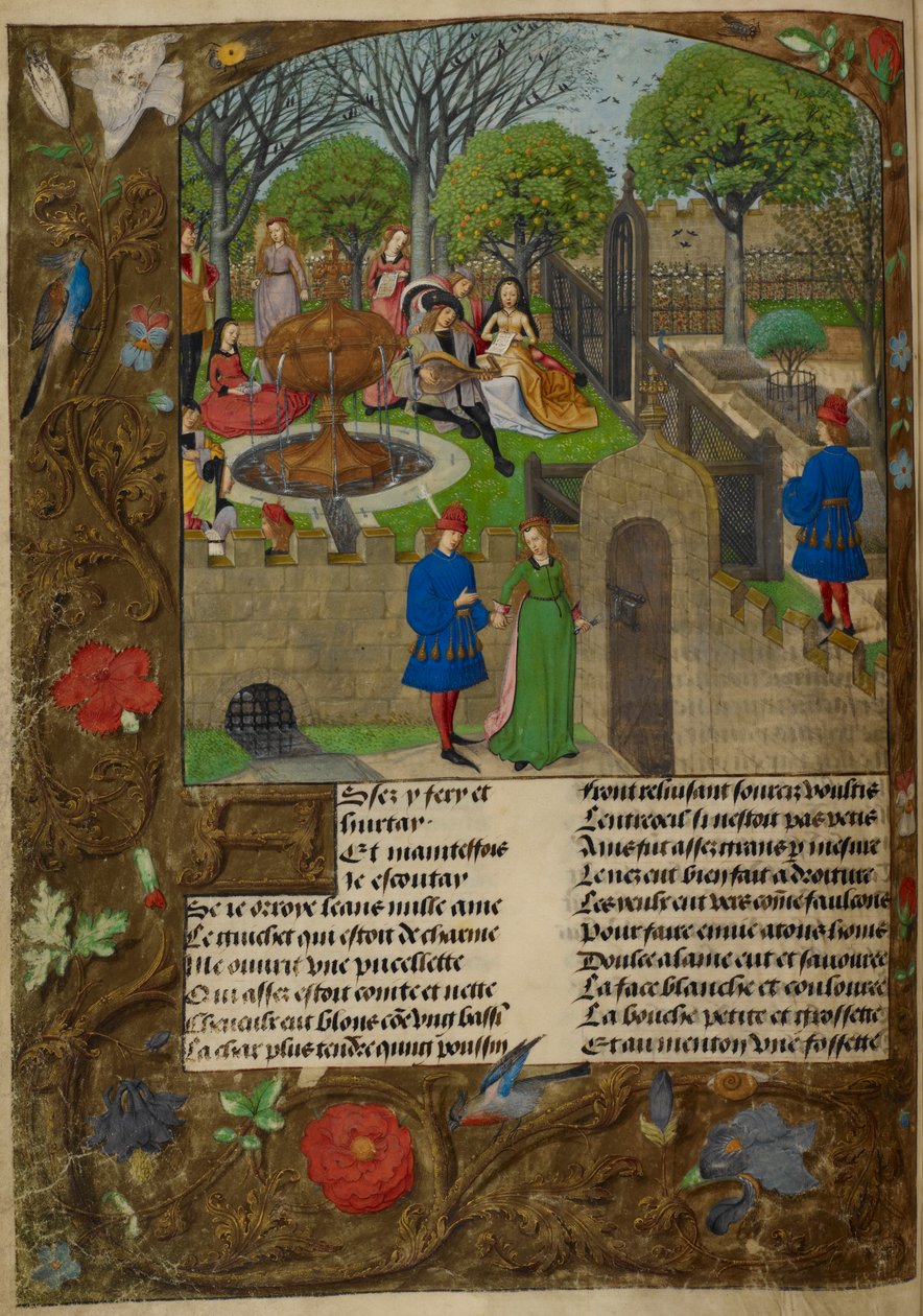 Harley_4425_f12v Lantos és énekesek egy fallal körülvett kertben. A szerető és Dame Oyseuse (tétlenség) a kert falain kívül, illusztráció a 