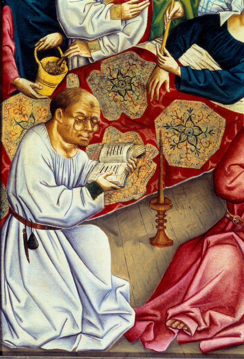 A Szűz Részlet egy szemüveggel olvasó szerzetest ábrázoló halála. Festmény a Felső-Rajna mesteréről (XV. század) alkotó: Master of the Rhine