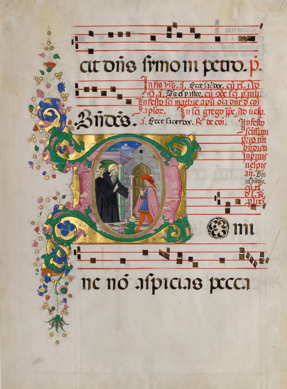Kéziratos levél Szent Benedekkel, egy fiút újraélesztve, D-ben, egy antifóniából. alkotó: Master of the Riccardiana Lactantius