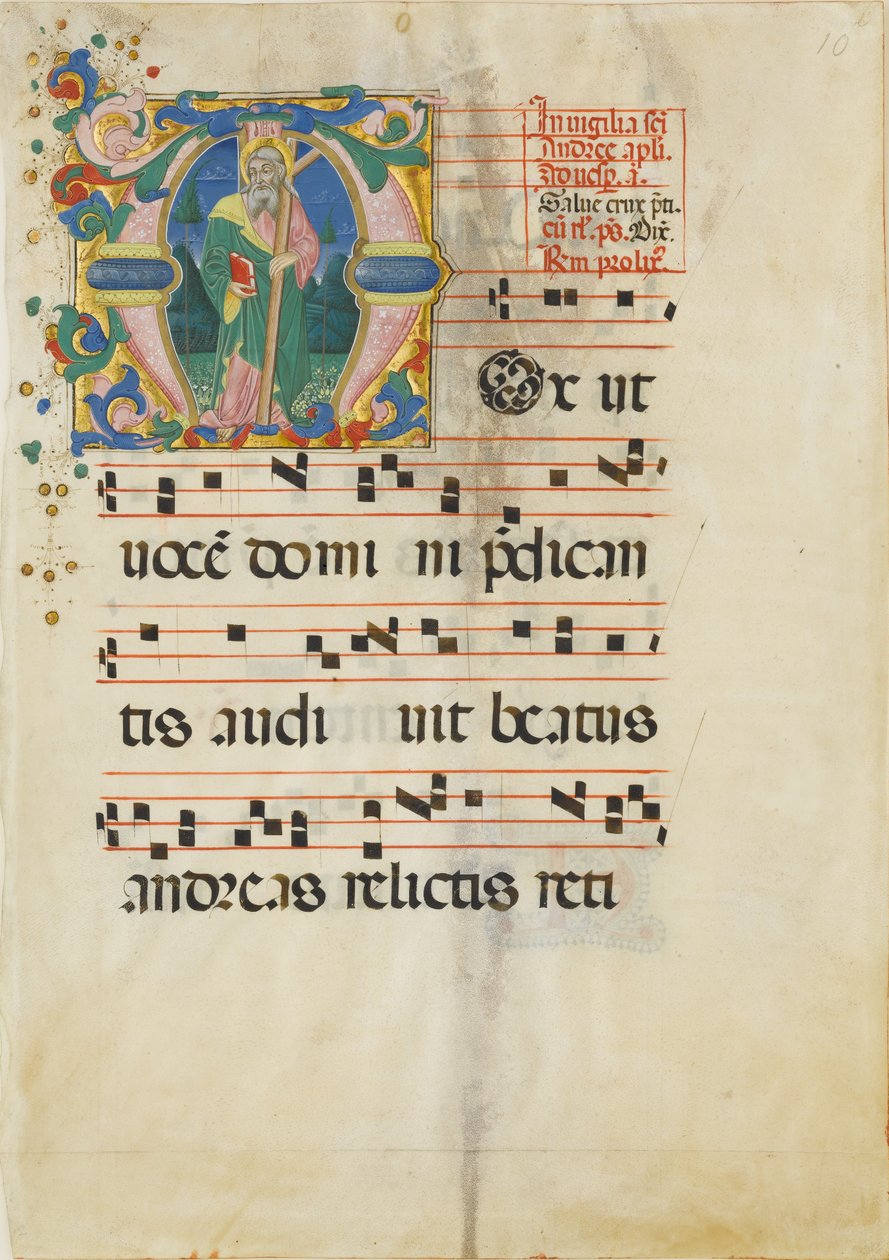 Kéziratos levél Szent András ünnepével kezdetben M ..., 15. század második fele. alkotó: Master of the Riccardiana Lactantius
