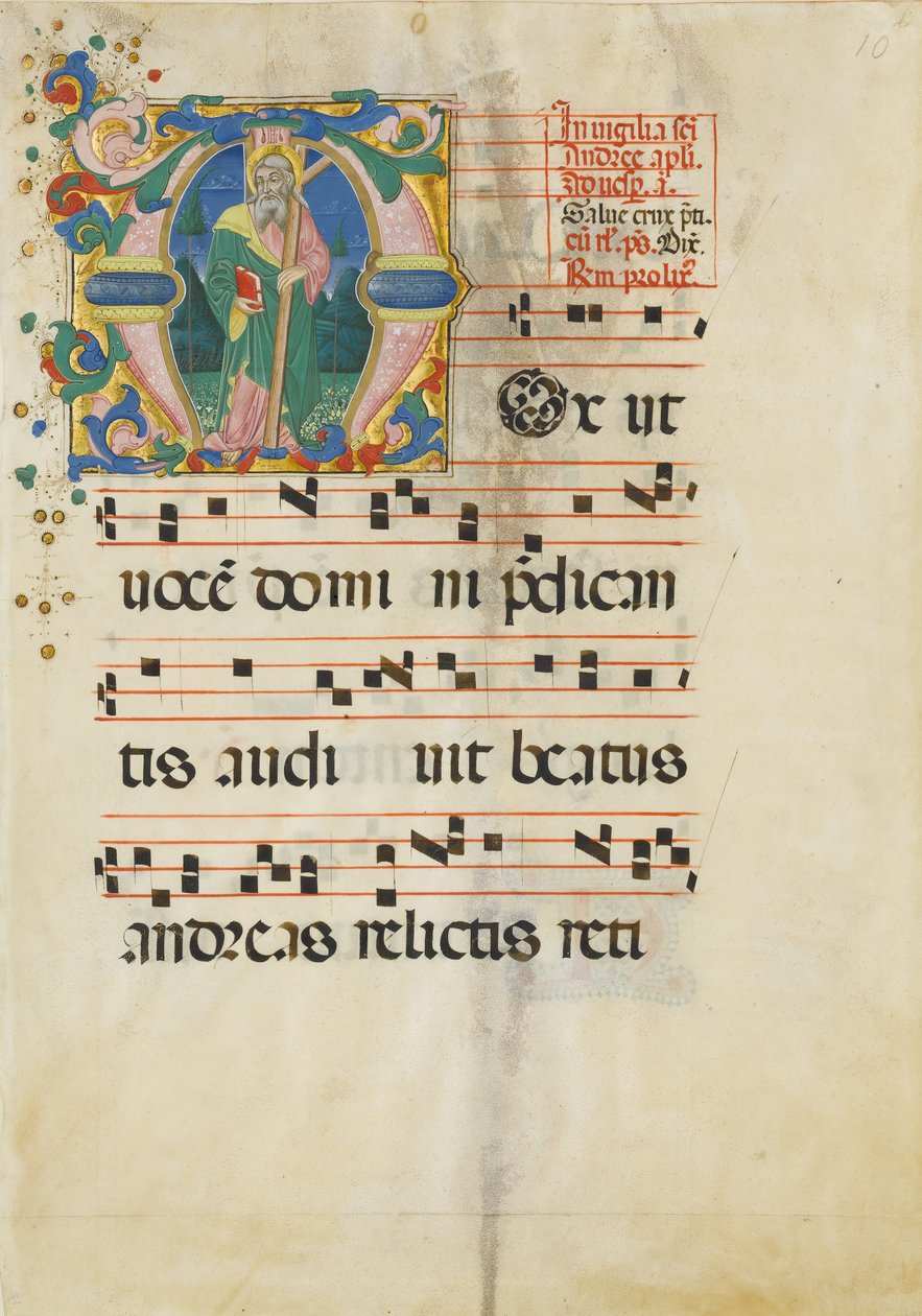 Kéziratos levél Szent András ünnepével kezdetben M..., 15. század második fele. alkotó: Master of the Riccardiana Lactantius
