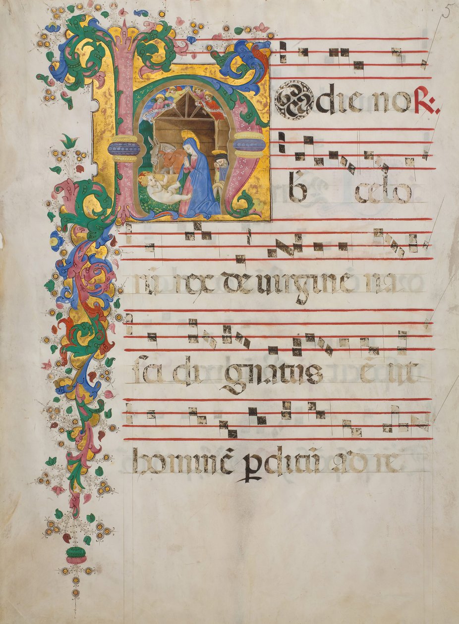 Kéziratos levél a betlehemmel H-betűvel, egy antifóniából, olasz, 15. sz. második fele alkotó: Master of the Riccardiana Lactantius