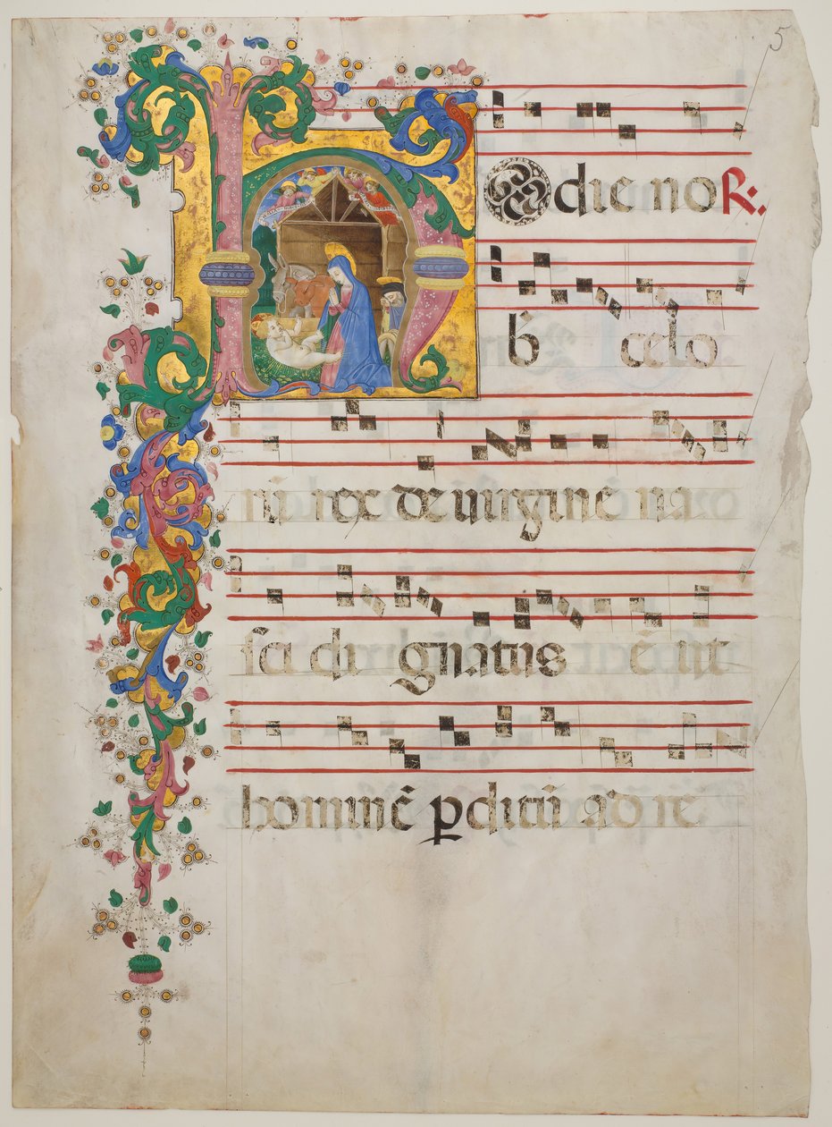 Kéziratos levél a betlehemmel H kezdőbetűvel, antifóniából, 15. század második fele. alkotó: Master of the Riccardiana Lactantius