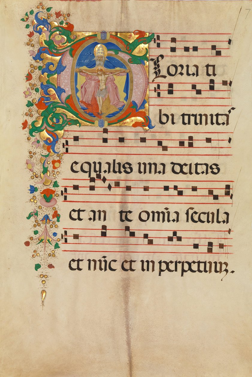 Kéziratos levél a Szentháromsággal G-betűben, antifóniából, olasz, 15. század 2. fele alkotó: Master of the Riccardiana Lactantius
