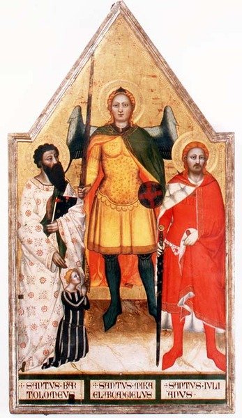 Szent Mihály arkangyal Szent Bertalannal és Szent Julianussal (tempera a panelen) alkotó: Master of the Rinuccini Chapel